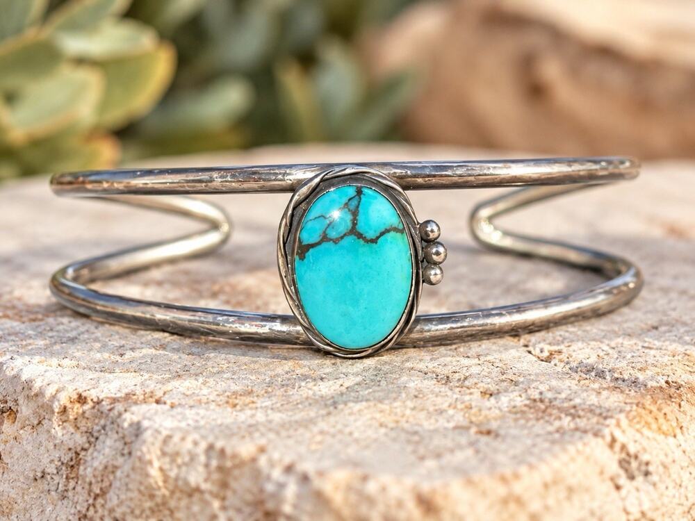 Vintage Navajo Turquoise Sterling Silver Cuff Bracelet Native Southwest 7 1/8”
